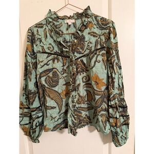 Jennifer + Grace Boho Paisley Blouse Womens Large Teal Cotton Ruffle Neck